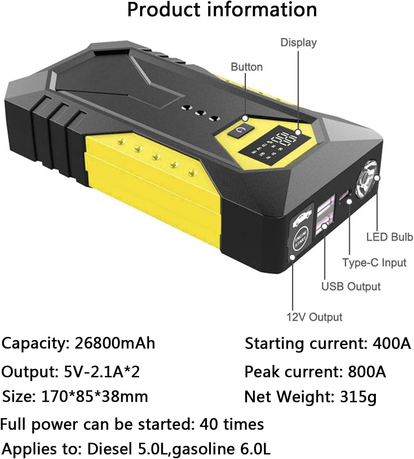 Arrancador de batería 12 V para coche – portátil de emergencia - Imagen 3