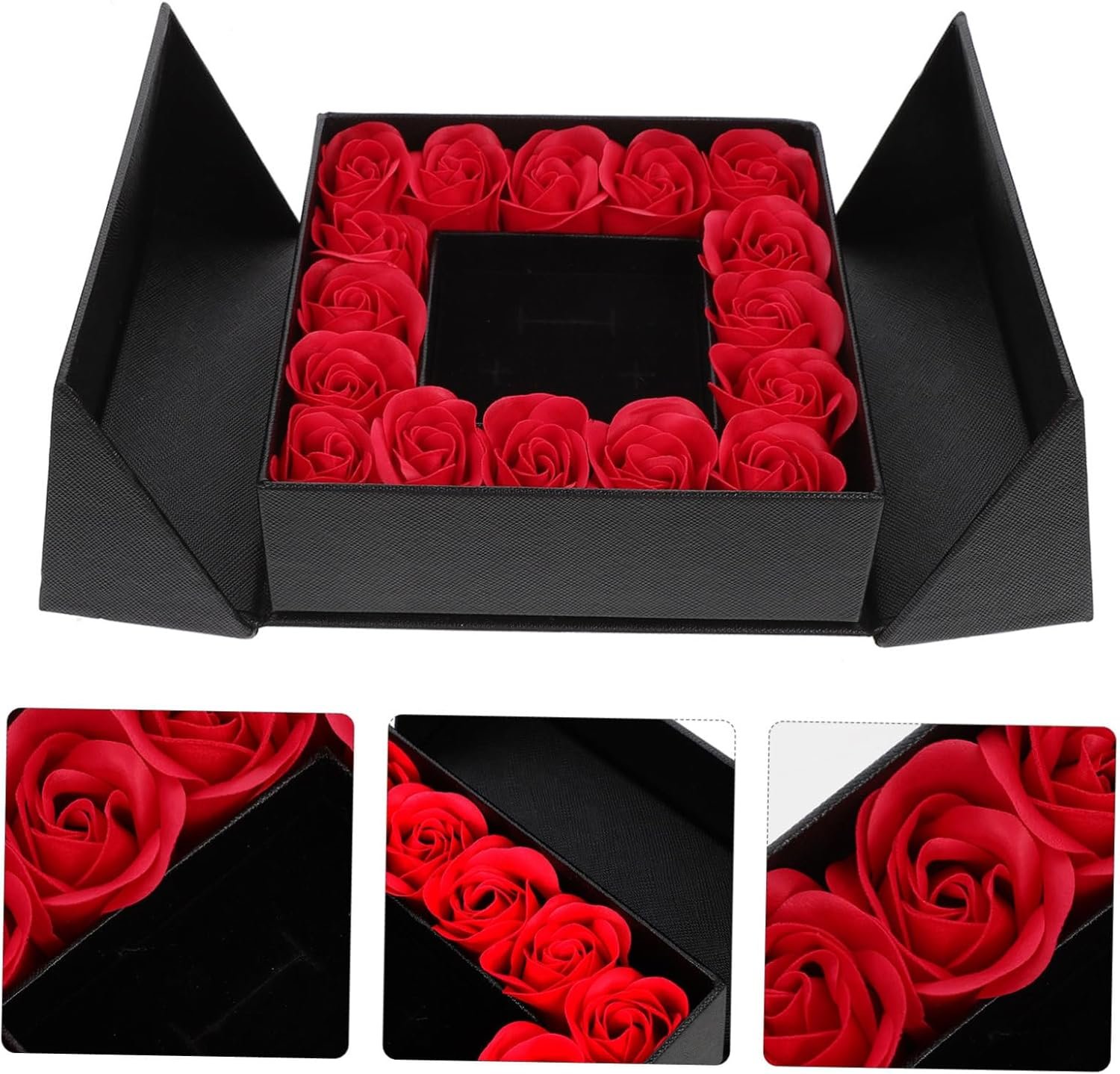 Caja regalo con 16 rosas artificiales rojas y compartimento para joyas - Imagen 4