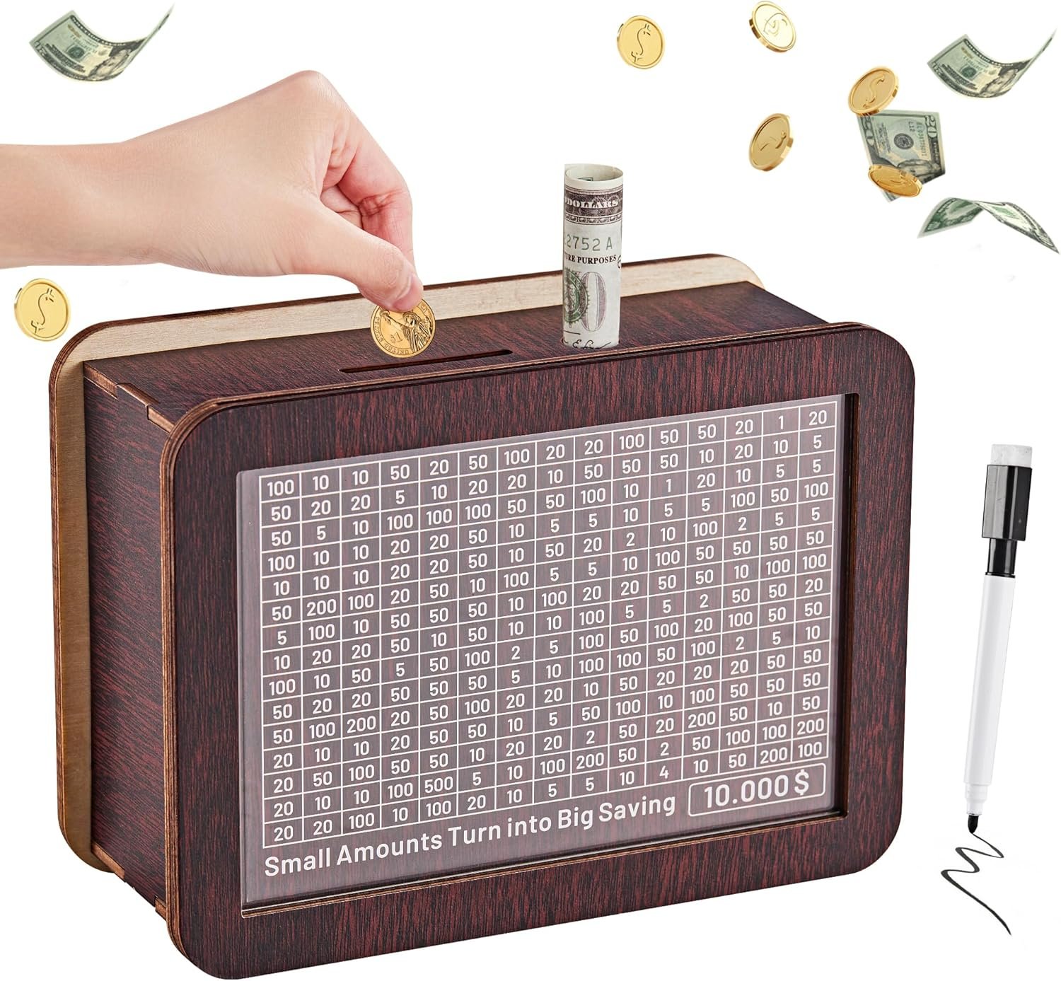 Hucha de madera con contador de ahorro y rotulador borrable