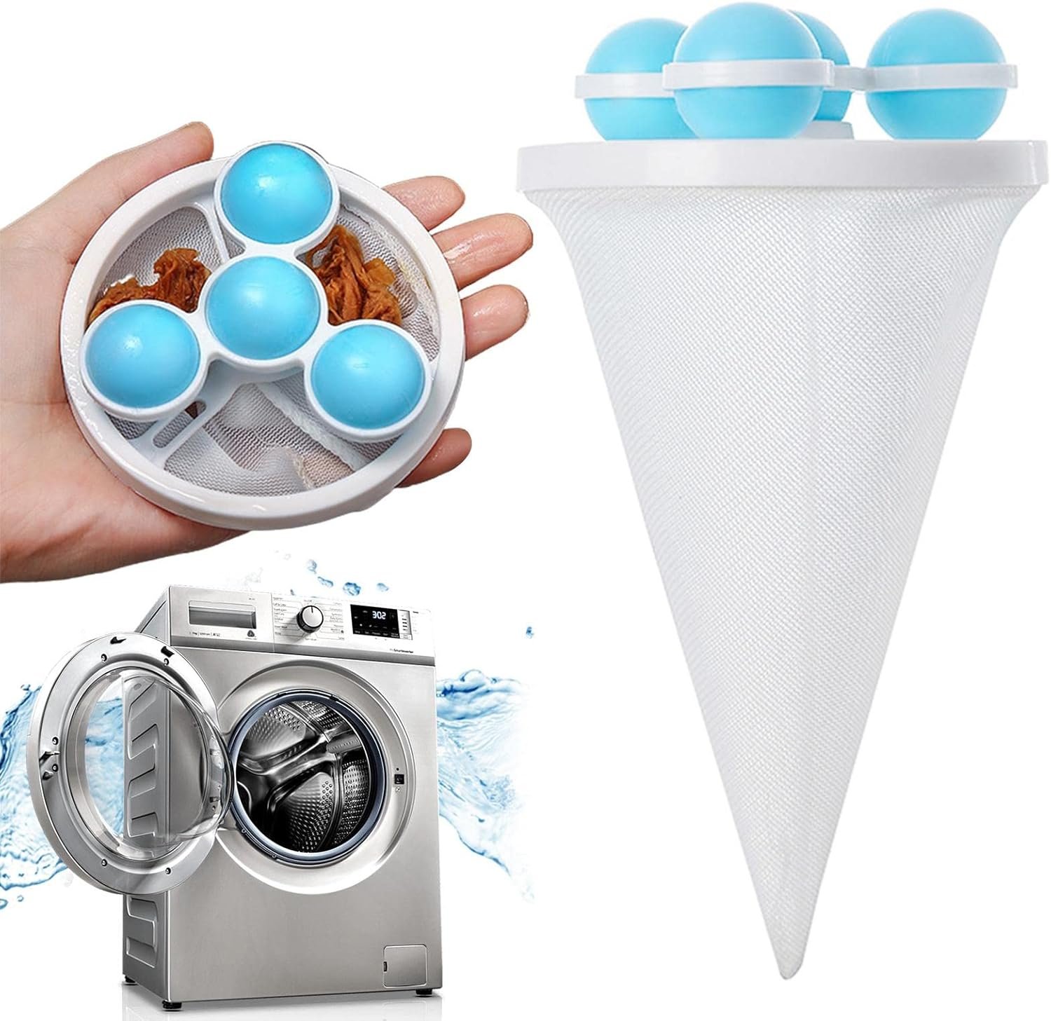 Pack de 2 atrapapelusas flotantes reutilizables para lavadora en blanco y azul