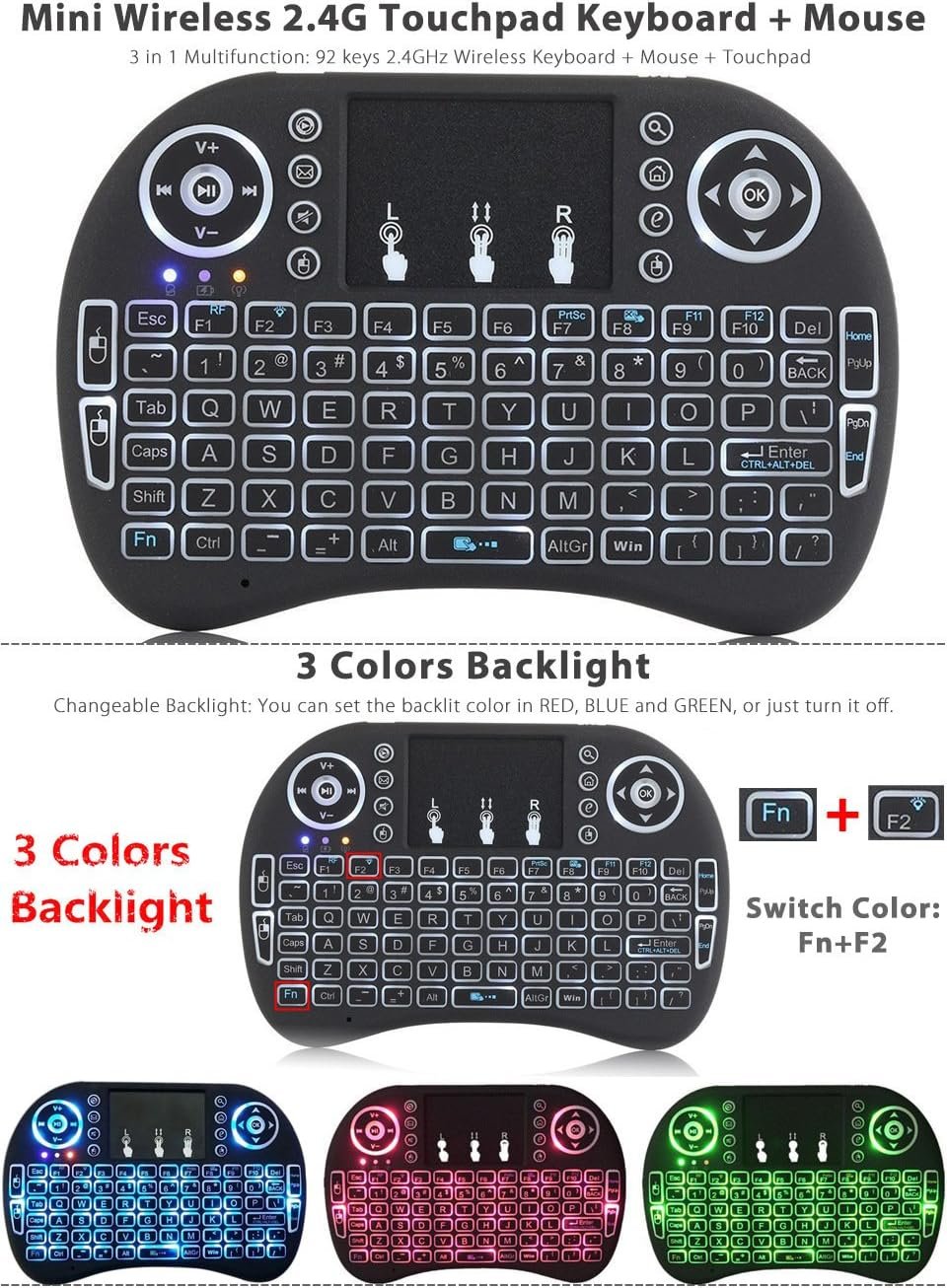 Mini teclado inalámbrico 2.4 GHz con touchpad y LED RGB