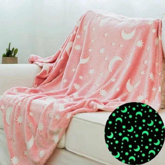 Manta luminosa rosa 120 x 150 cm con estrellas y lunas