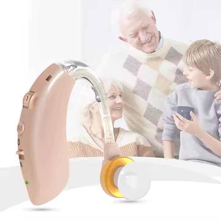Amplificador personal de sonido retroauricular beige con 4 modos y control de volumen