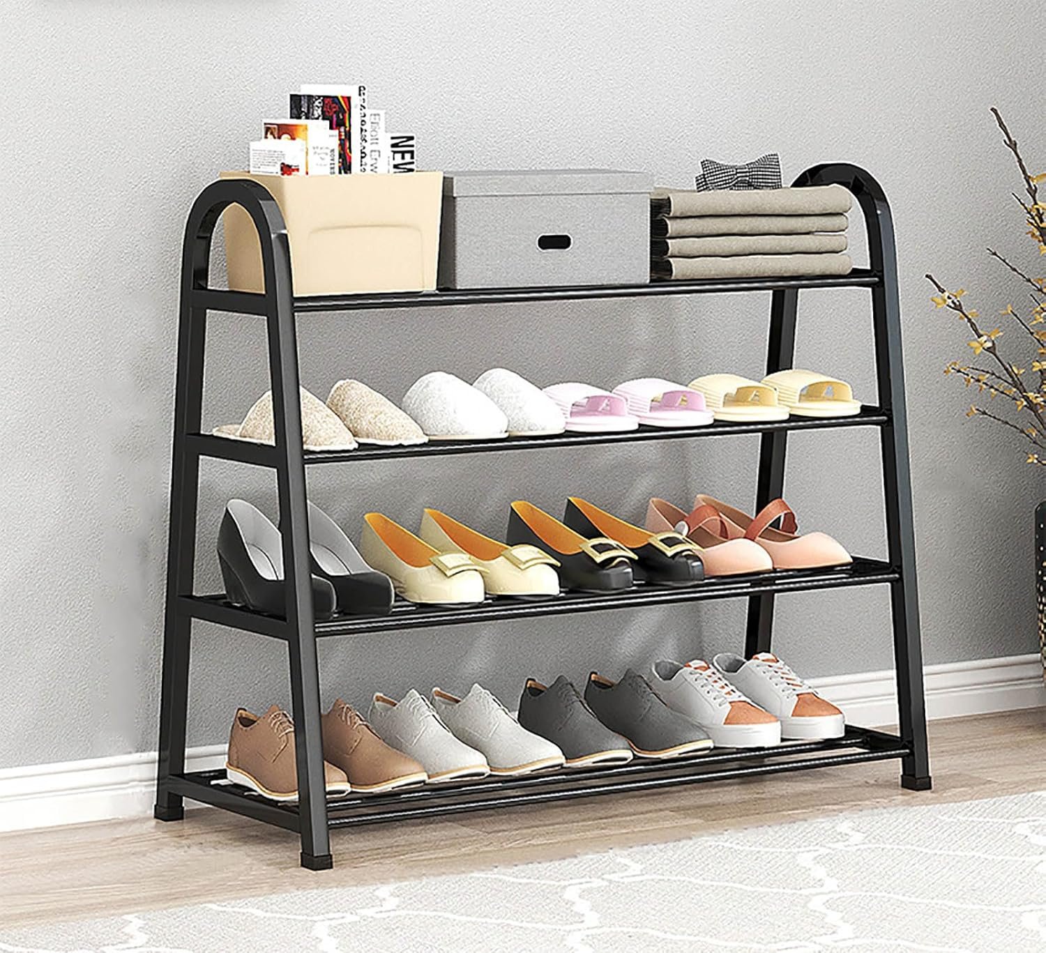 Zapatero multifuncional de 4 niveles negro – estructura ligera y desmontable
