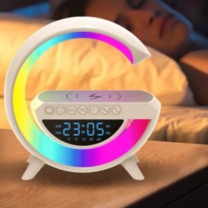 Altavoz Bluetooth con carga inalámbrica, lámpara RGB y reloj