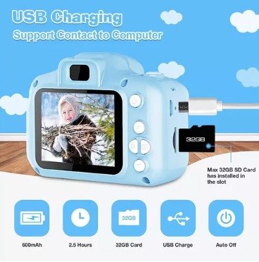 Cámara infantil 1080p con correa y pantalla de 2 pulgadas – gato azul - detalle 2