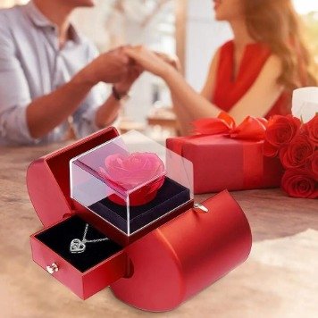 Caja de regalo con rosa preservada y cajón para joyas - detalle 2