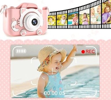 Cámara infantil 1080p con correa y pantalla de 2 pulgadas – gato rosa - detalle 2