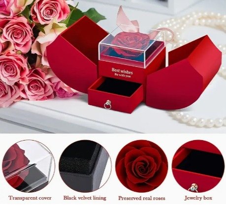 Caja de regalo con rosa preservada y cajón para joyas - detalle 3